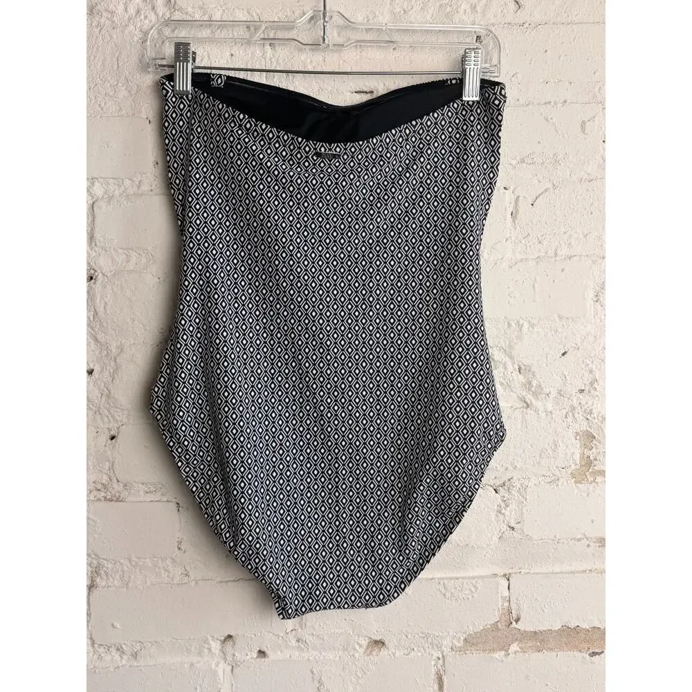 DKNY One Piece Swimsuit Strapless Tummy Control Black White Geometric L - Picture 2 of 8